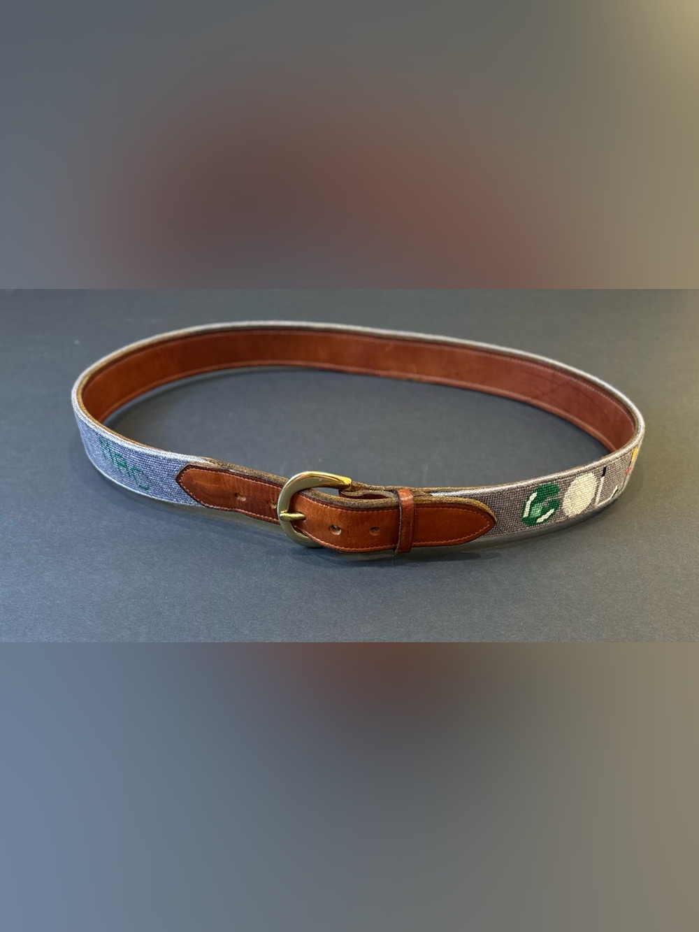 VTG 1980s-90s Dan Place Needlepoint Golf Belt Brown Leather Brass Buckle 37